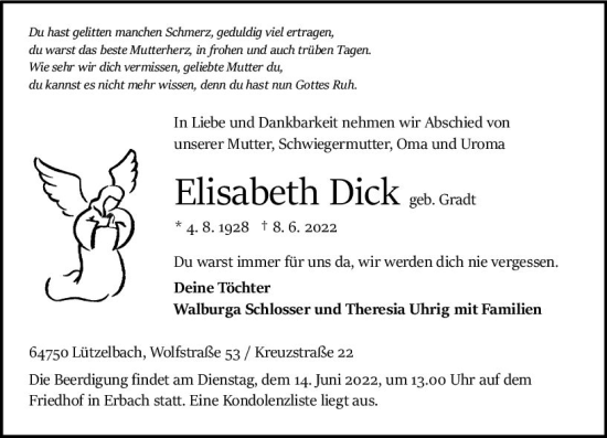 Traueranzeige von Elisabeth Dick von vrm-trauer Odenwälder Echo