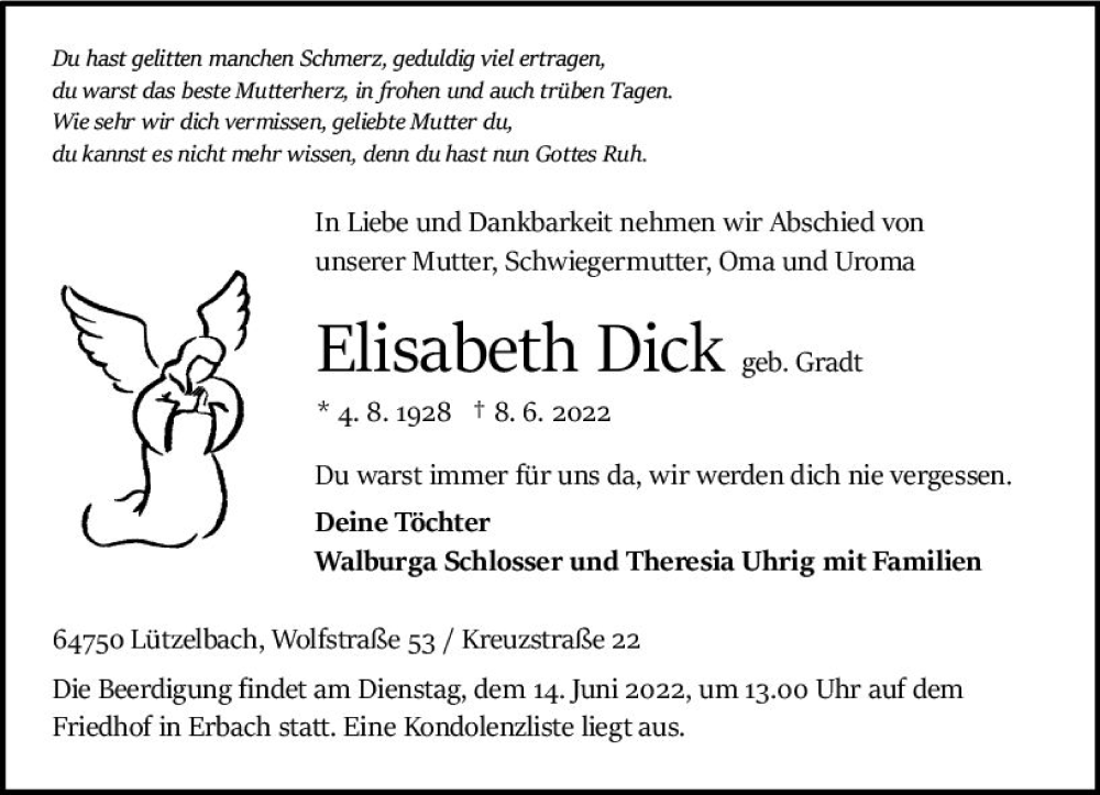  Traueranzeige für Elisabeth Dick vom 11.06.2022 aus vrm-trauer Odenwälder Echo