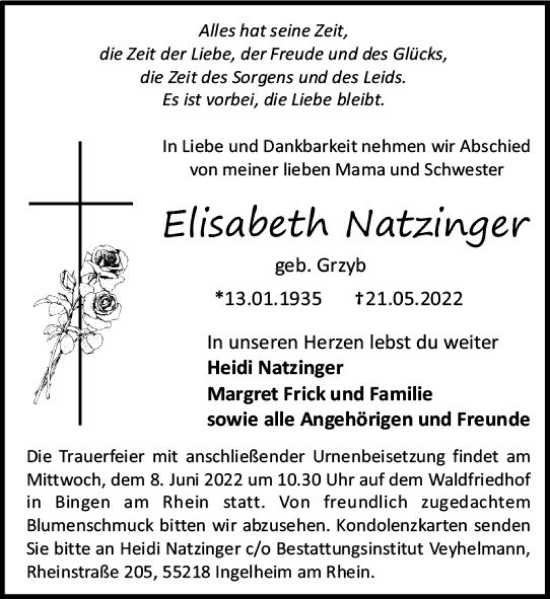Traueranzeige von Elisabeth Natzinger von vrm-trauer Allgemeine  Zeitung Ingelheim-Bingen