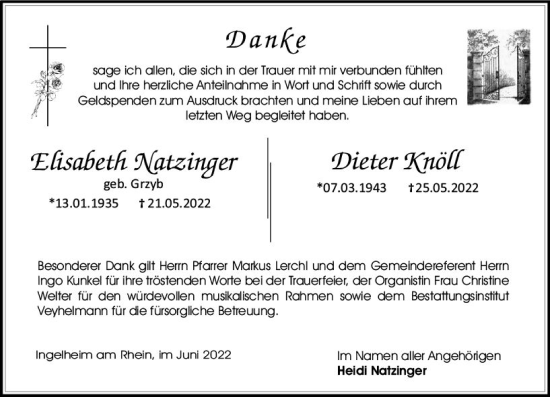 Traueranzeige von Elisabeth Natzinger von vrm-trauer Allgemeine  Zeitung Ingelheim-Bingen