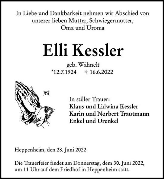 Traueranzeige von Elli Kessler von vrm-trauer Bürstädter/Lamperth. Ztg/Starkenburger