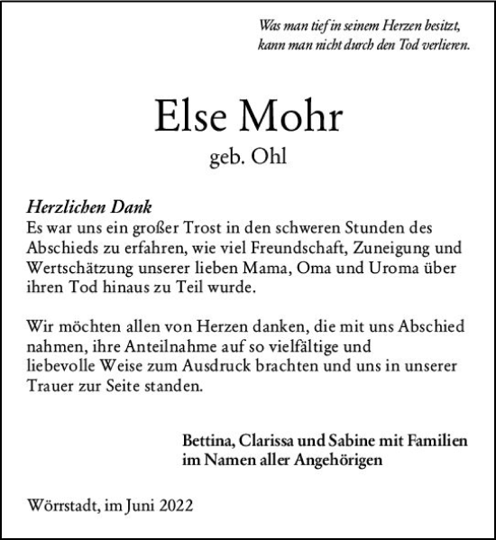 Traueranzeige von Else Mohr von vrm-trauer Allgemeine Zeitung Alzey