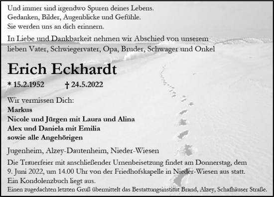 Traueranzeige von Erich Eckhardt von vrm-trauer Allgemeine Zeitung Alzey