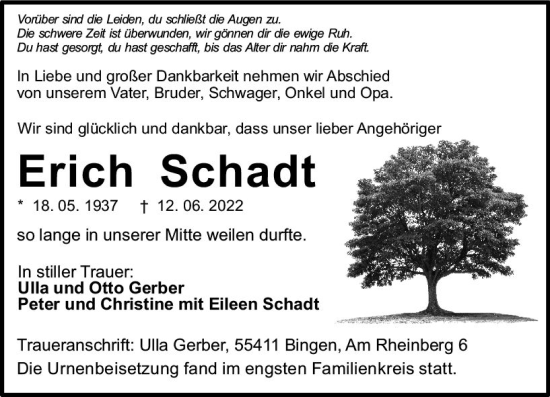 Traueranzeige von Erich Schadt von vrm-trauer Allgemeine  Zeitung Ingelheim-Bingen