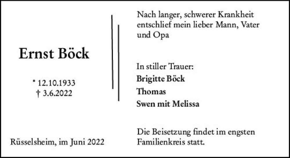  Traueranzeige für Ernst Böck vom 11.06.2022 aus vrm-trauer Rüsselsheimer Echo / MainSpitze