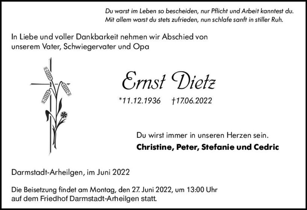  Traueranzeige für Ernst Dietz vom 25.06.2022 aus vrm-trauer Darmstädter Echo