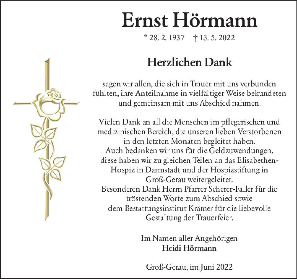 Traueranzeige für Ernst Hörmann vom 25.06.2022 aus vrm-trauer Groß-Gerauer Echo