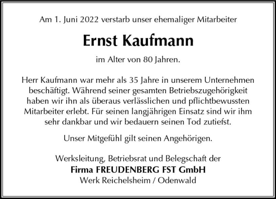 Traueranzeige von Ernst Kaufmann von vrm-trauer Odenwälder Echo