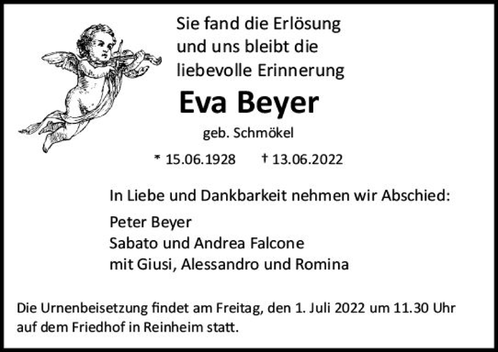  Traueranzeige für Eva Beyer vom 25.06.2022 aus vrm-trauer Darmstädter Echo