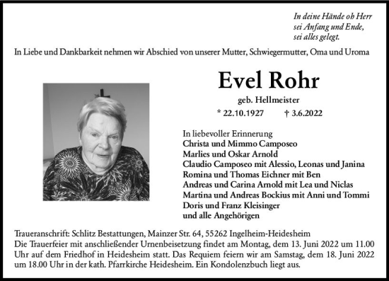 Traueranzeige von Evel Rohr von vrm-trauer Allgemeine  Zeitung Ingelheim-Bingen