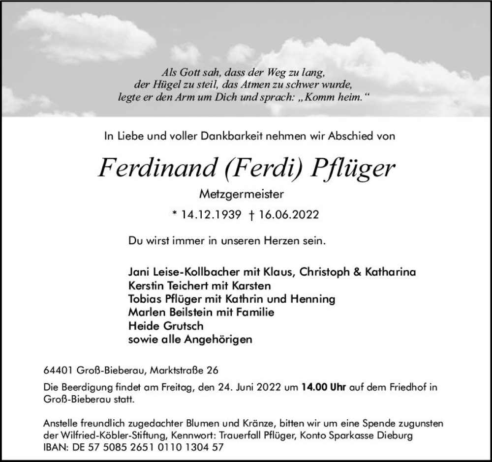  Traueranzeige für Ferdinand Pflüger vom 18.06.2022 aus vrm-trauer Darmstädter Echo