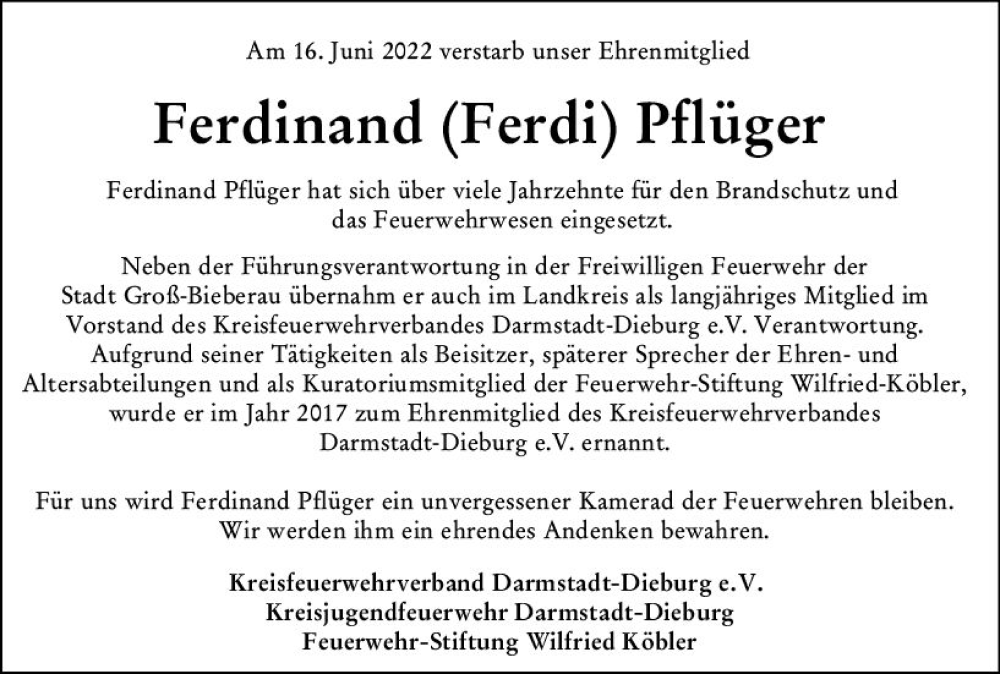  Traueranzeige für Ferdinand Pflüger vom 25.06.2022 aus vrm-trauer Darmstädter Echo