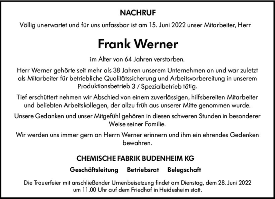 Traueranzeige von Frank Werner von vrm-trauer Allgemeine  Zeitung Ingelheim-Bingen