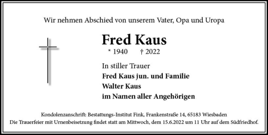 Traueranzeige von Fred Kaus von vrm-trauer Wiesbadener Kurier
