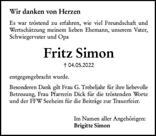 Traueranzeige von Fritz Simon von vrm-trauer Darmstädter Echo