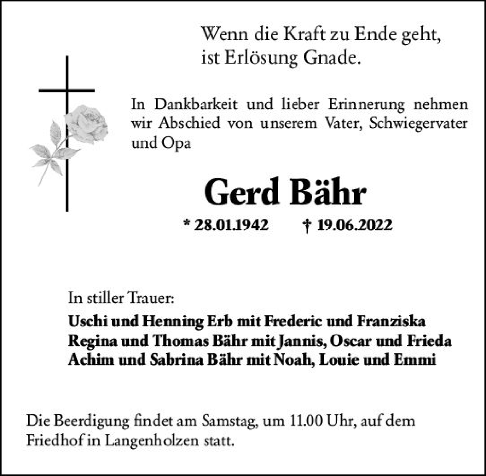  Traueranzeige für Gerd Bähr vom 22.06.2022 aus vrm-trauer AZ Mainz