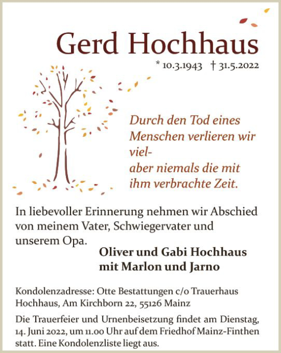 Traueranzeige von Gerd Hochhaus von vrm-trauer AZ Mainz