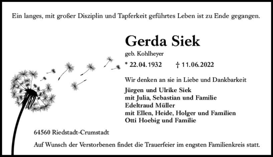 Traueranzeige von Gerda Siek von vrm-trauer Groß-Gerauer Echo