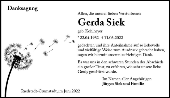 Traueranzeige von Gerda Siek von vrm-trauer Groß-Gerauer Echo