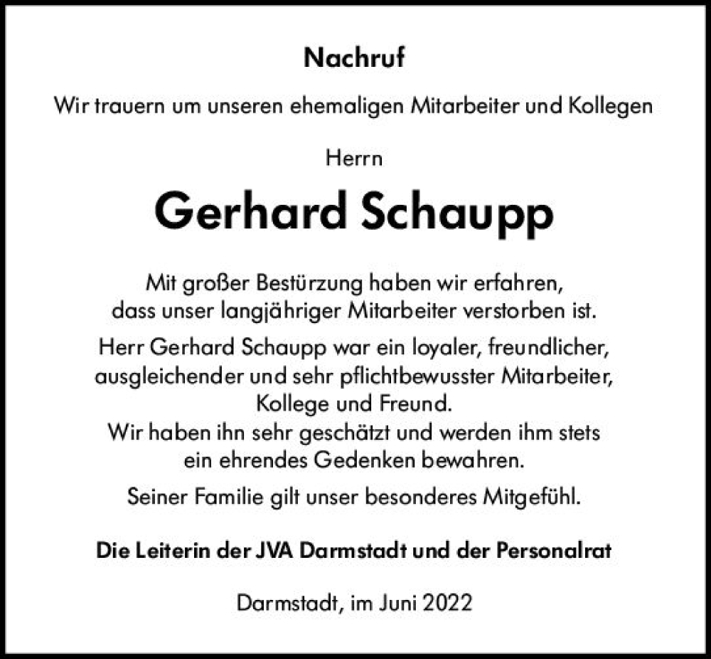  Traueranzeige für Gerhard Schaupp vom 18.06.2022 aus vrm-trauer Odenwälder Echo