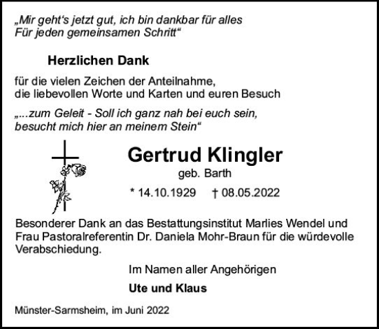 Traueranzeige von Gertrud Klingler von vrm-trauer Allgemeine  Zeitung Ingelheim-Bingen
