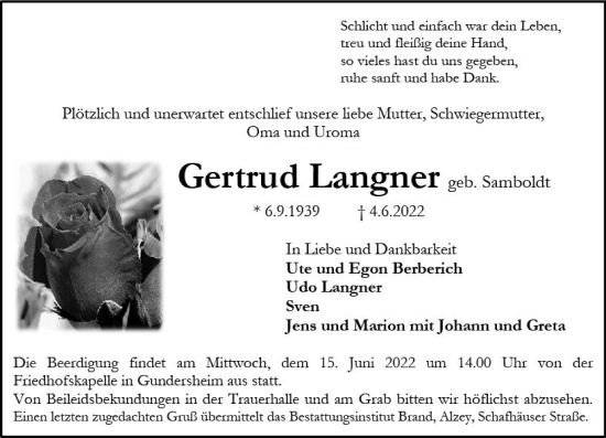 Traueranzeige von Gertrud Langner von vrm-trauer Allgemeine Zeitung Alzey