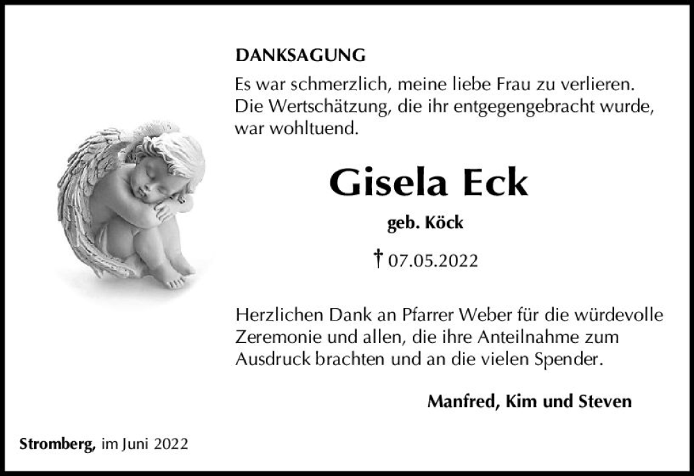  Traueranzeige für Gisela Eck vom 25.06.2022 aus vrm-trauer Allgemeine  Zeitung Ingelheim-Bingen