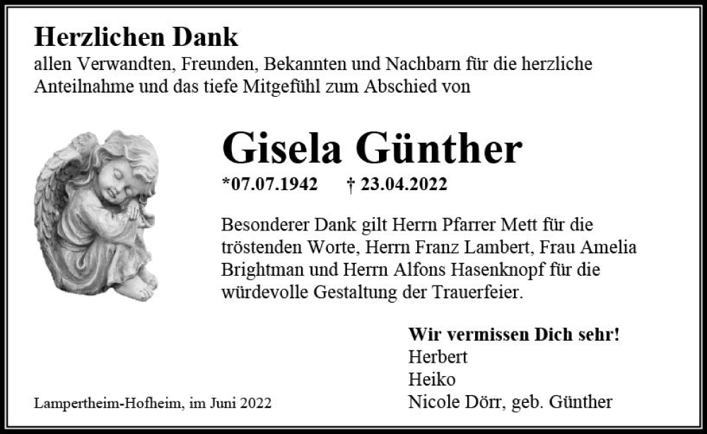  Traueranzeige für Gisela Günther vom 11.06.2022 aus vrm-trauer Wormser Zeitung