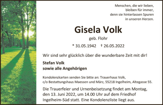 Traueranzeige von Gisela Volk von vrm-trauer Allgemeine  Zeitung Ingelheim-Bingen