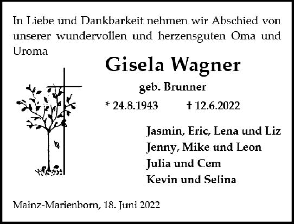  Traueranzeige für Gisela Wagner vom 18.06.2022 aus vrm-trauer AZ Mainz