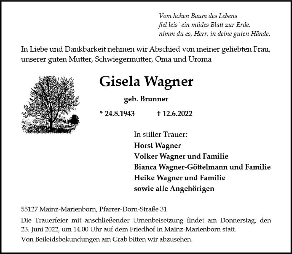  Traueranzeige für Gisela Wagner vom 18.06.2022 aus vrm-trauer AZ Mainz