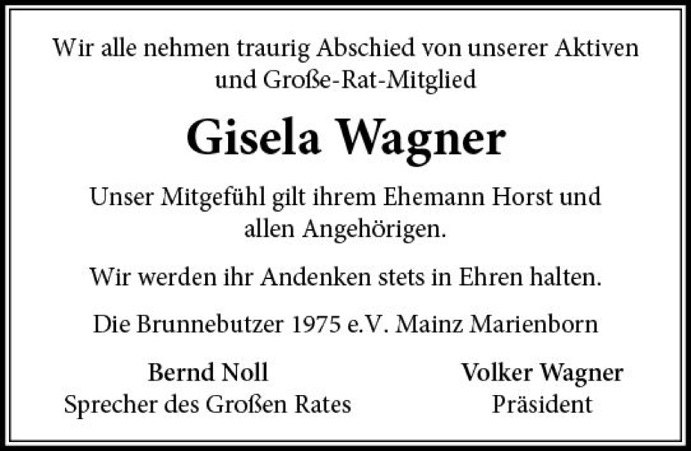  Traueranzeige für Gisela Wagner vom 18.06.2022 aus vrm-trauer AZ Mainz