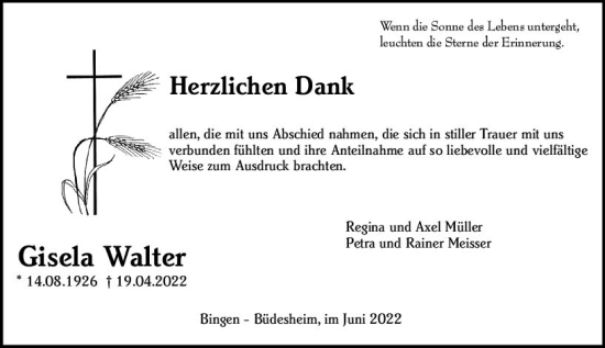 Traueranzeige von Gisela Walter von vrm-trauer Allgemeine  Zeitung Ingelheim-Bingen