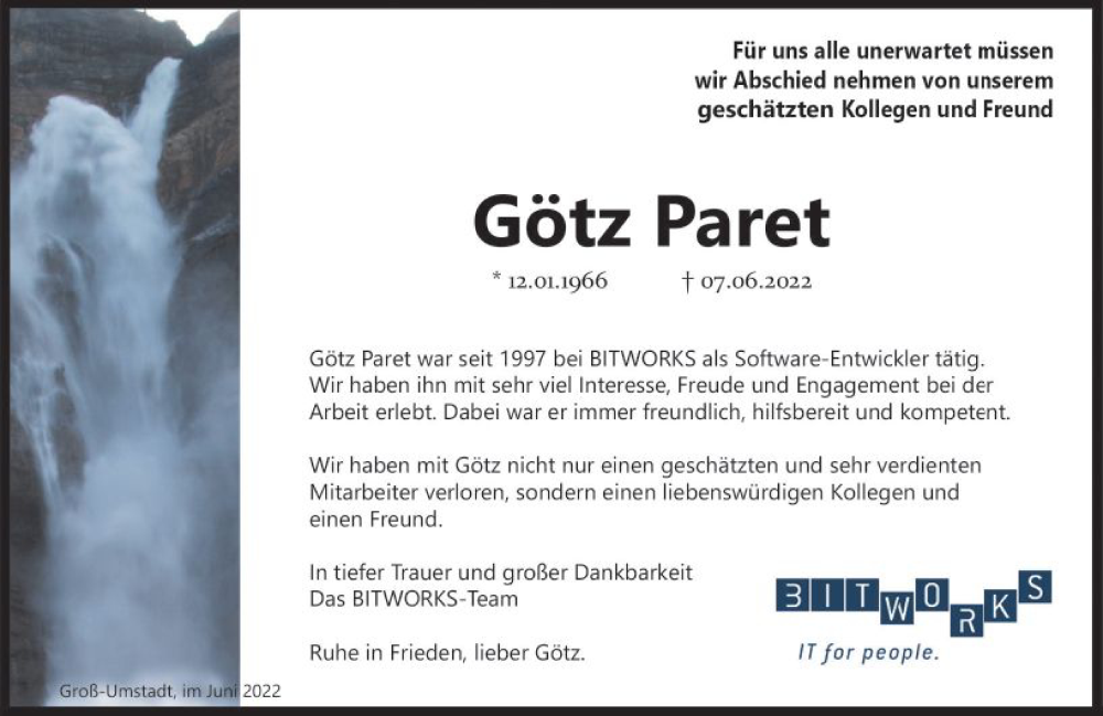  Traueranzeige für Götz Paret vom 18.06.2022 aus vrm-trauer Darmstädter Echo