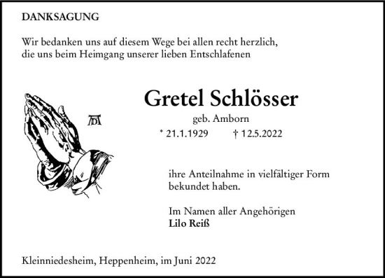 Traueranzeige von Gretel Schlösser von vrm-trauer Wormser Zeitung