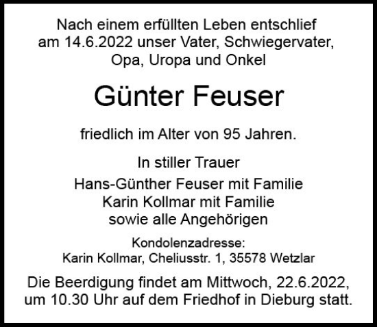 Traueranzeige von Günter Feuser von vrm-trauer DieburgerAnzeiger/Groß-Zimmerner Lokala