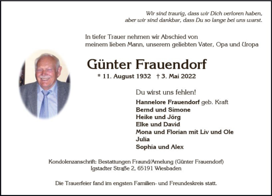 Traueranzeige von Günter Frauendorf von vrm-trauer Wiesbadener Kurier