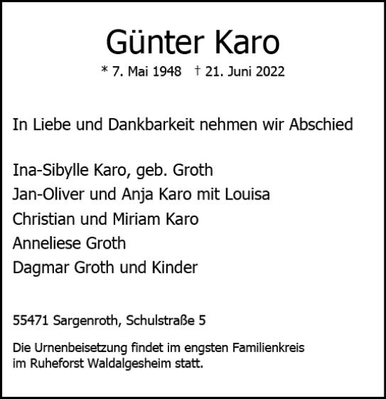 Traueranzeige von Günter Karo von vrm-trauer Allg. Zeitung Bad Kreuznach