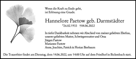 Traueranzeige von Hannelore Paetow von vrm-trauer Darmstädter Echo