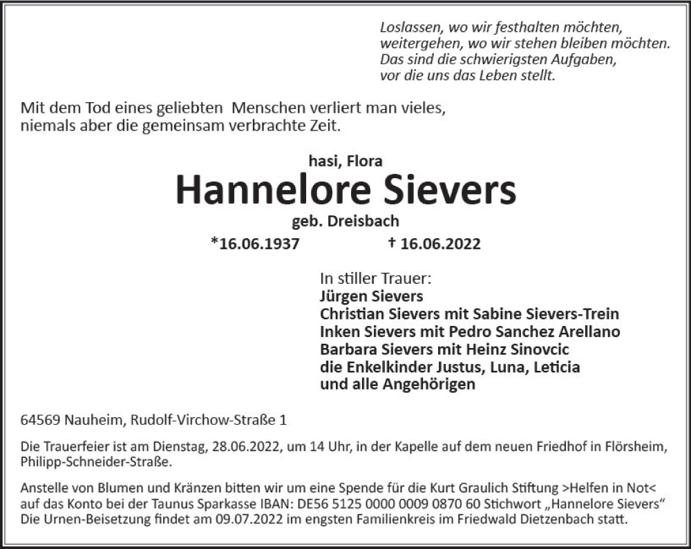  Traueranzeige für Hannelore Sievers vom 23.06.2022 aus vrm-trauer Rüsselsheimer Echo / MainSpitze
