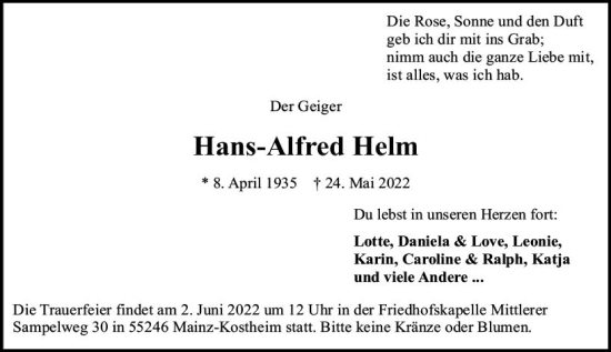 Traueranzeige von Hans-Alfred Helm von vrm-trauer AZ Mainz
