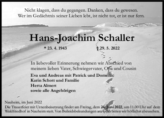 Traueranzeige von Hans-Joachim Schaller von vrm-trauer Rüsselsheimer Echo / MainSpitze