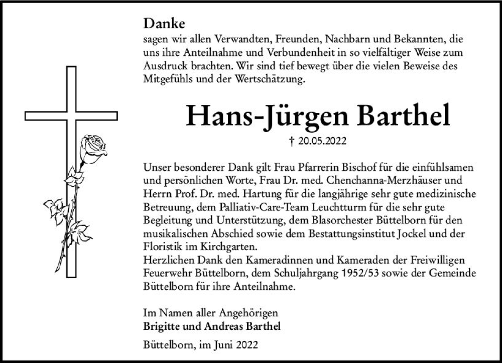  Traueranzeige für Hans-Jürgen Barthel vom 18.06.2022 aus vrm-trauer Groß-Gerauer Echo