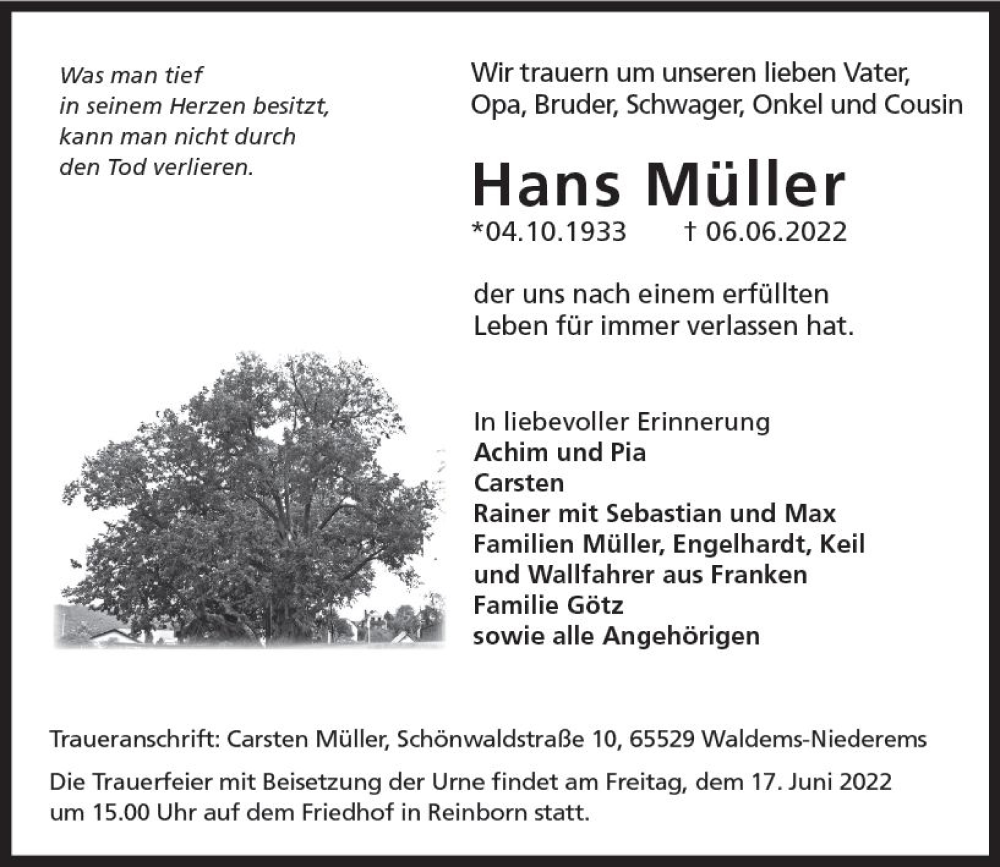  Traueranzeige für Hans Müller vom 11.06.2022 aus vrm-trauer Idsteiner Zeitung