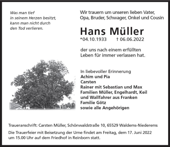 Traueranzeige von Hans Müller von vrm-trauer Idsteiner Zeitung