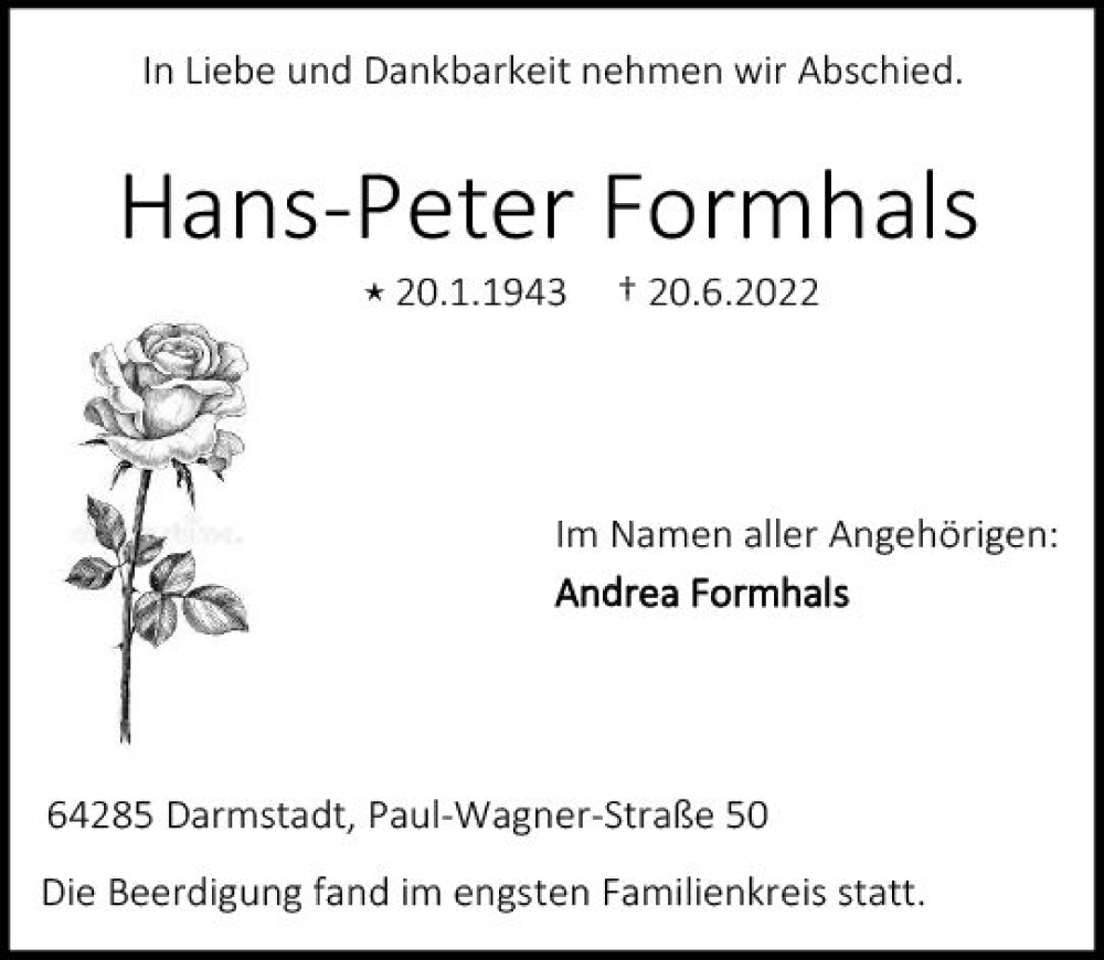  Traueranzeige für Hans-Peter Formhals vom 29.06.2022 aus vrm-trauer Darmstädter Echo
