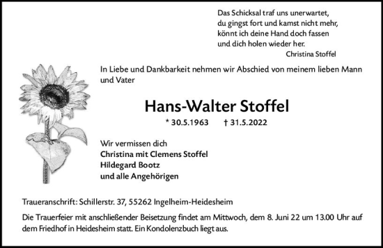 Traueranzeige von Hans-Walter Stoffel von vrm-trauer Allgemeine  Zeitung Ingelheim-Bingen