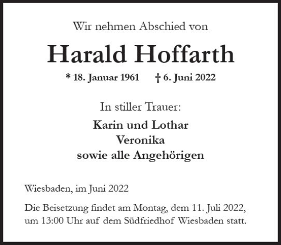 Traueranzeige von Harald Hoffarth von vrm-trauer Wiesbadener Kurier