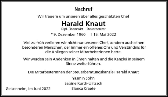 Traueranzeige von Harald Knaut von vrm-trauer Wiesbadener Kurier