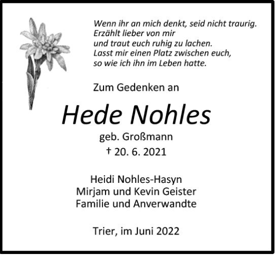Traueranzeige von Hede Nohles von vrm-trauer Allgemeine  Zeitung Ingelheim-Bingen